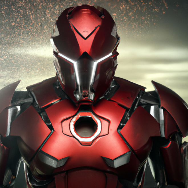 ultra-wide photo red sci-fi armor with cyber helmet