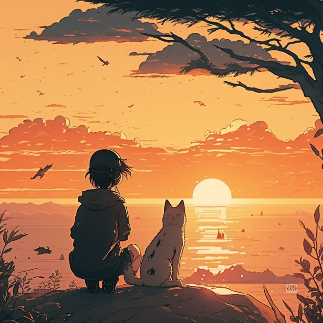 a person and a cat watching the sunrise U1