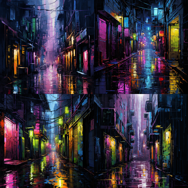 rainy neon cyberpunk alley